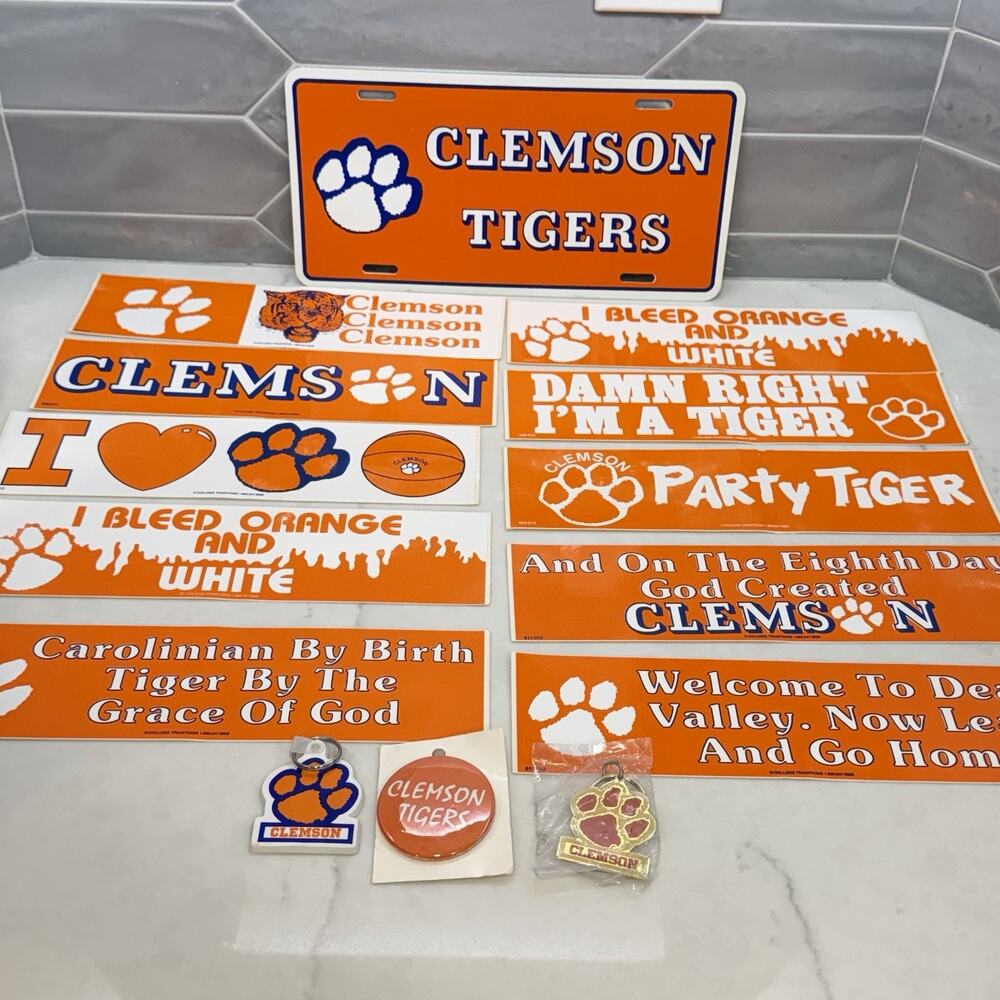 Vtg Clemson Tigers Fan Lot License Plate Mug Bumper Stickers Keychain Button Paw